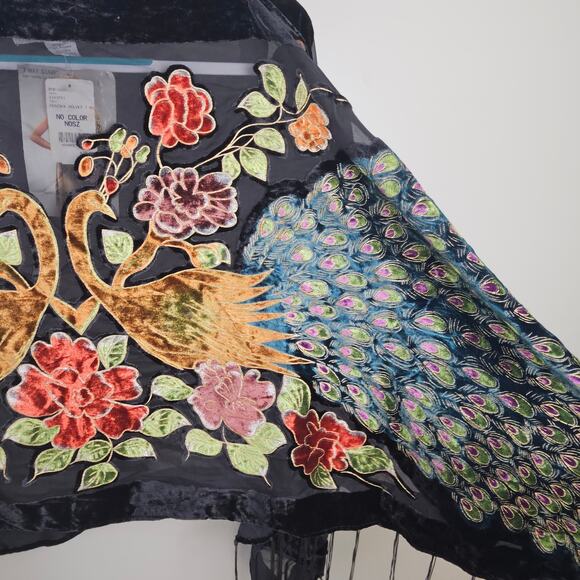 Boho Burnout Velvet Peacock Embroidered Kimono Shawl Wrap Fringe One Size - Picture 4 of 9